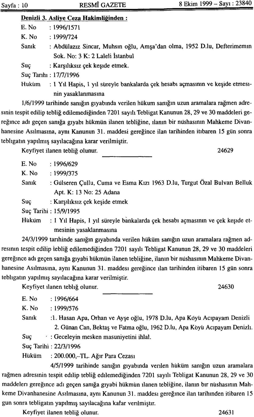 Suç Tarihi: 17/7/1996 Hüküm : 1 Yıl Hapis, 1 yıl süreyle bankalarda çek hesabı açmasının ve keşide etmesinin yasaklanmasına 1/6/1999 tarihinde sanığın gıyabında verilen hüküm sanığın uzun aramalara