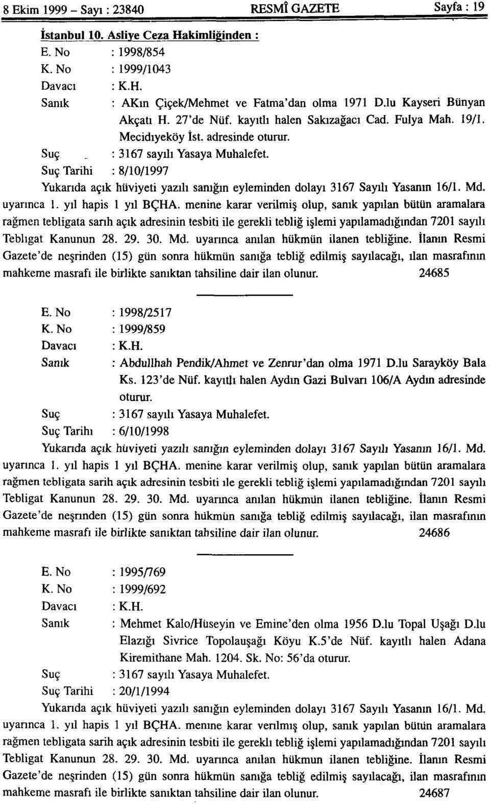 Suç Tarihi : 8/10/1997 Yukarıda açık hüviyeti yazılı sanığın eyleminden dolayı 3167 Sayılı Yasanın 16/1. Md. uyarınca 1. yıl hapis 1 yıl BÇHA.