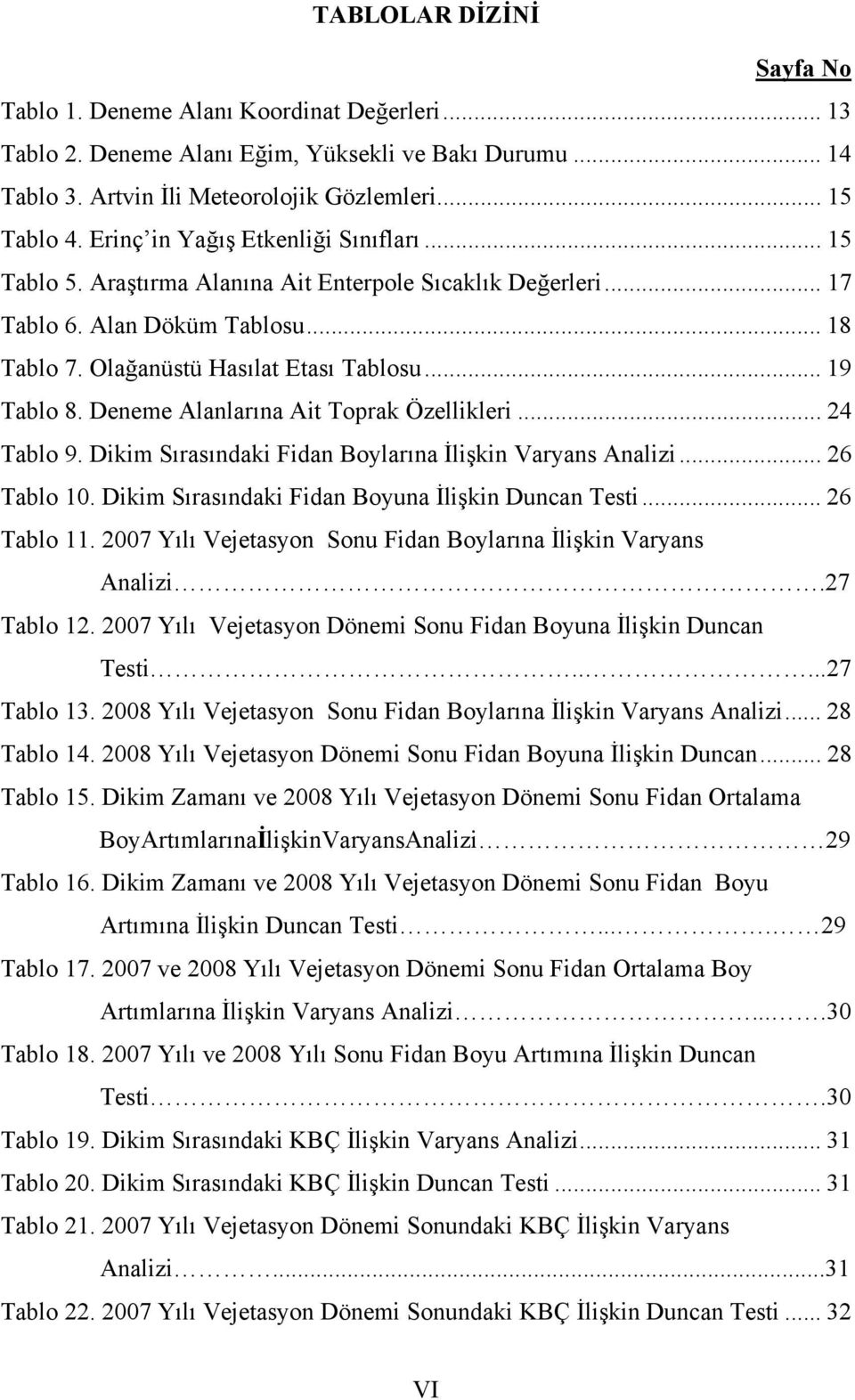 Deneme Alanlarına Ait Toprak Özellikleri... 24 Tablo 9. Dikim Sırasındaki Fidan Boylarına İlişkin Varyans Analizi... 26 Tablo 10. Dikim Sırasındaki Fidan Boyuna İlişkin Duncan Testi... 26 Tablo 11.