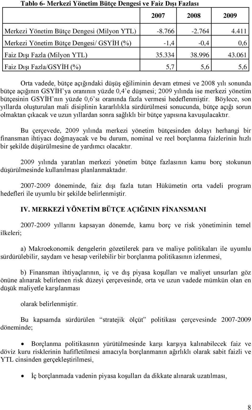 061 Faiz Dışı Fazla/GSYİH (%) 5,7 5,6 5,6 Orta vadede, bütçe açığındaki düşüş eğiliminin devam etmesi ve 2008 yılı sonunda bütçe açığının GSYİH ya oranının yüzde 0,4 e düşmesi; 2009 yılında ise