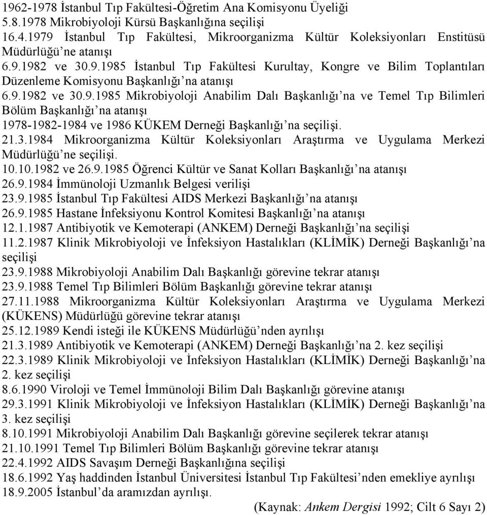 9.1982 ve 30.9.1985 Mikrobiyoloji Anabilim Dalı Başkanlığı na ve Temel Tıp Bilimleri Bölüm Başkanlığı na atanışı 1978-1982-1984 ve 1986 KÜKEM Derneği Başkanlığı na seçilişi. 21.3.1984 Mikroorganizma Kültür Koleksiyonları Araştırma ve Uygulama Merkezi Müdürlüğü ne seçilişi.