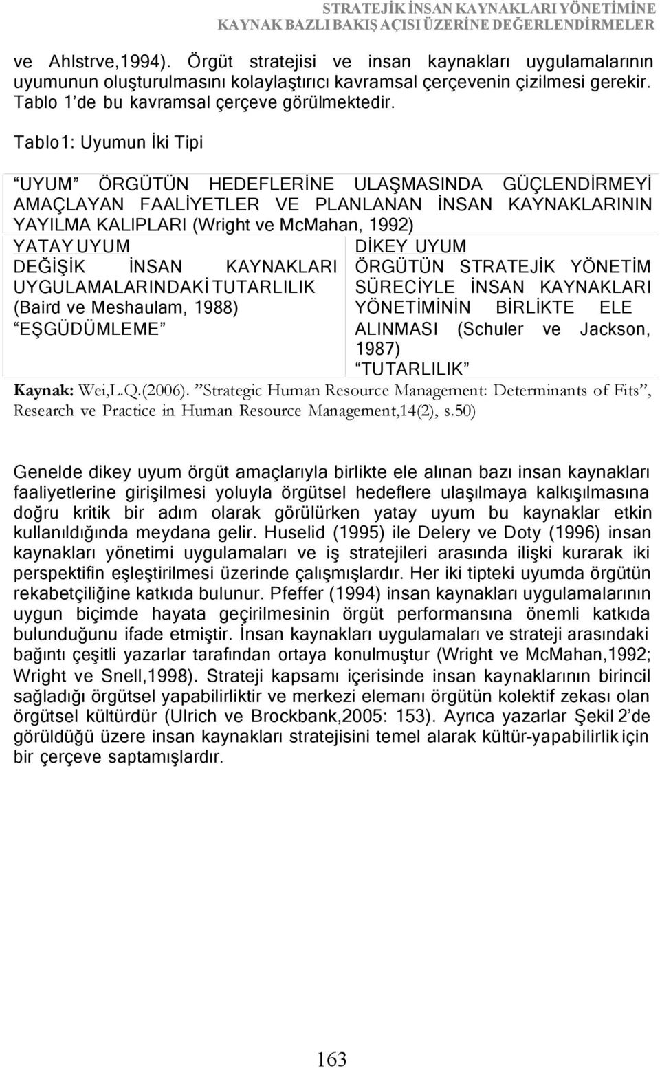 Tablo1: Uyumun İki Tipi UYUM ÖRGÜTÜN HEDEFLERİNE ULAŞMASINDA GÜÇLENDİRMEYİ AMAÇLAYAN FAALİYETLER VE PLANLANAN İNSAN KAYNAKLARININ YAYILMA KALIPLARI (Wright ve McMahan, 1992) YATAY UYUM DİKEY UYUM