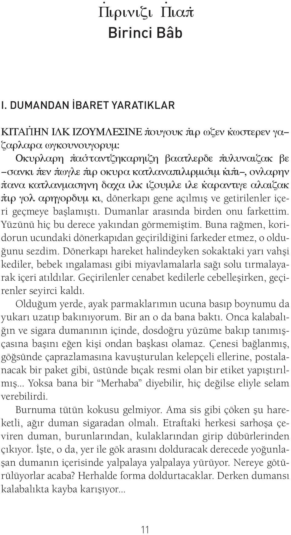 arantige alaizak ṗir gol arhgordum ki, dönerkapı gene açılmış ve getirilenler içeri geçmeye başlamıştı. Dumanlar arasında birden onu farkettim. Yüzünü hiç bu derece yakından görmemiştim.