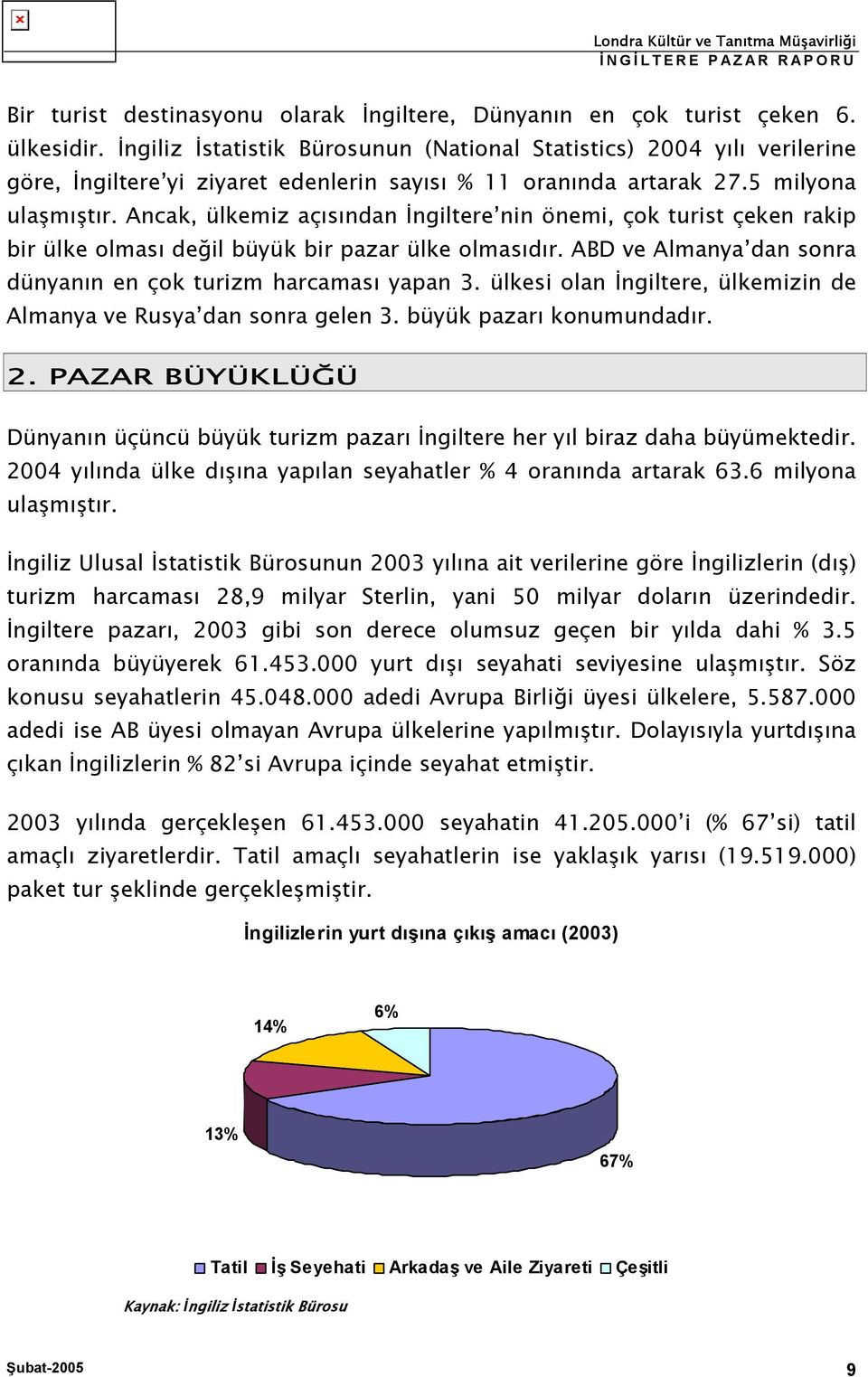 Ancak, ülkemiz açısından İngiltere nin önemi, çok turist çeken rakip bir ülke olması değil büyük bir pazar ülke olmasıdır. ABD ve Almanya dan sonra dünyanın en çok turizm harcaması yapan 3.