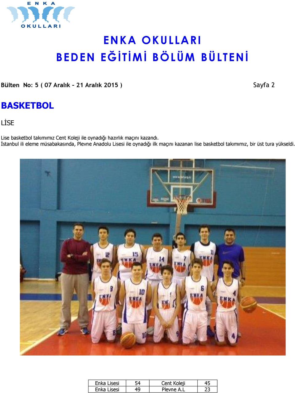 İstanbul ili eleme müsabakasında, Plevne Anadolu Lisesi ile oynadığı ilk maçını