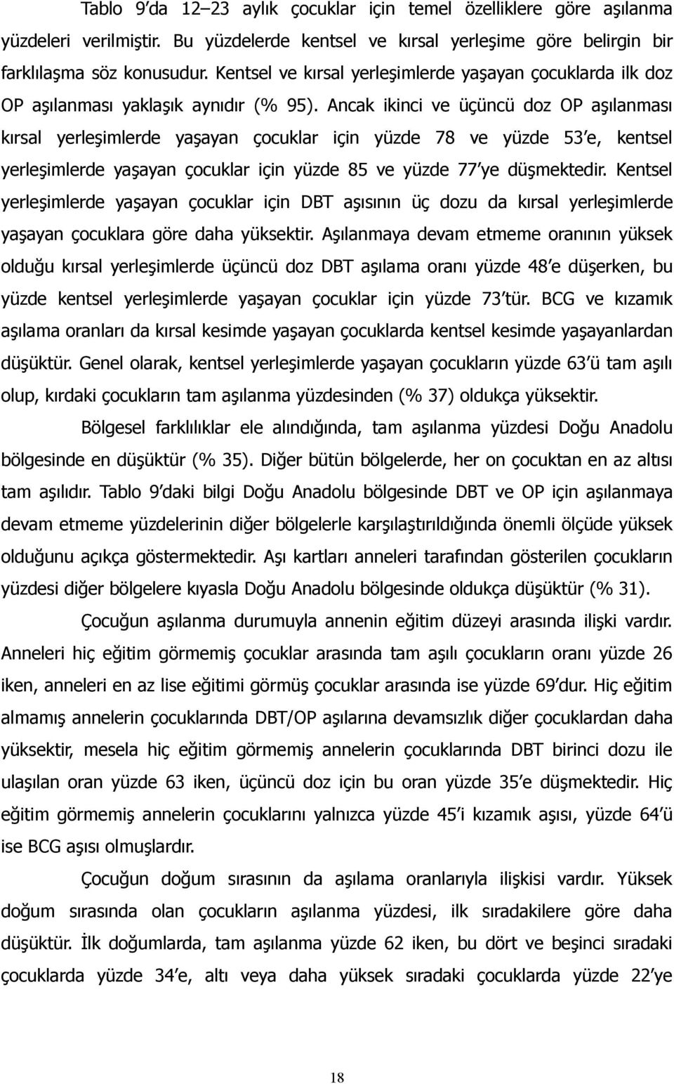 Ancak ikinci ve üçüncü doz OP aşılanması kırsal yerleşimlerde yaşayan çocuklar için yüzde 78 ve yüzde 53 e, kentsel yerleşimlerde yaşayan çocuklar için yüzde 85 ve yüzde 77 ye düşmektedir.