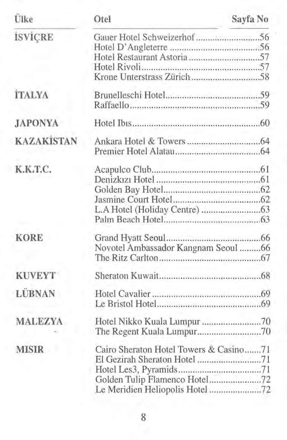 .. 6ı Denizkızı Hotel... 6 ı Golden Bay Hotel..... 62 Jasmine Court Hotel..... 62 L.A Hotel (Holiday Ce n tre)... 63 Palm Beach Hotel.... 63 Grand Hyatt Seoul..... 66 Novotel Arnbassadar Kangnam Seoul.