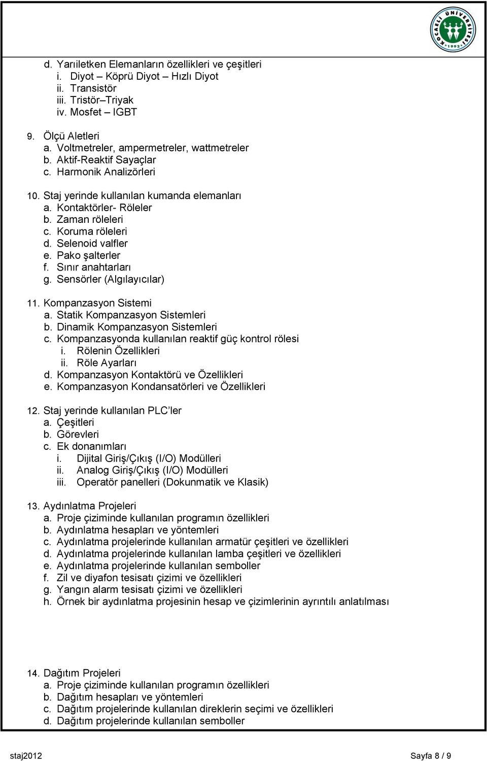 Sınır anahtarları g. Sensörler (Algılayıcılar) 11. Kompanzasyon Sistemi a. Statik Kompanzasyon Sistemleri b. Dinamik Kompanzasyon Sistemleri c. Kompanzasyonda kullanılan reaktif güç kontrol rölesi i.