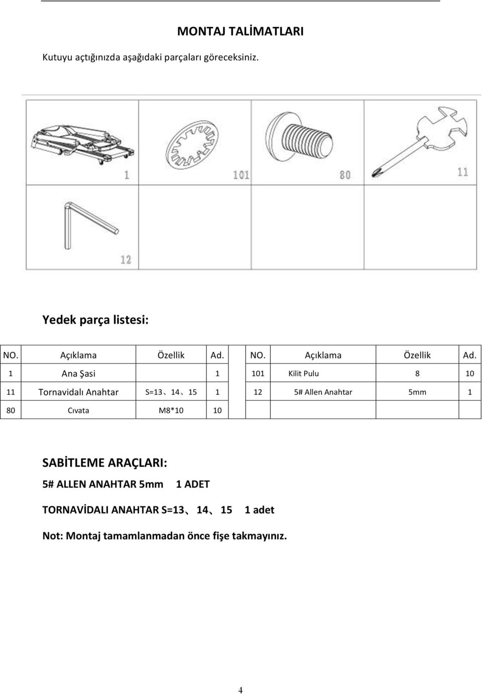 1 Ana Şasi 1 101 Kilit Pulu 8 10 11 Tornavidalı Anahtar S=13 14 15 1 12 5# Allen Anahtar 5mm 1 80