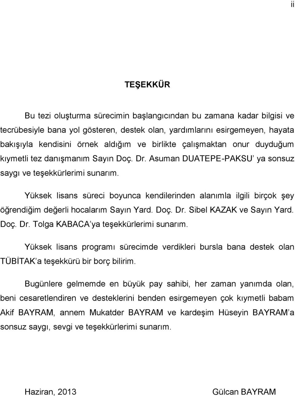 Yüksek lisans süreci boyunca kendilerinden alanımla ilgili birçok şey öğrendiğim değerli hocalarım Sayın Yard. Doç. Dr. Sibel KAZAK ve Sayın Yard. Doç. Dr. Tolga KABACA ya teşekkürlerimi sunarım.