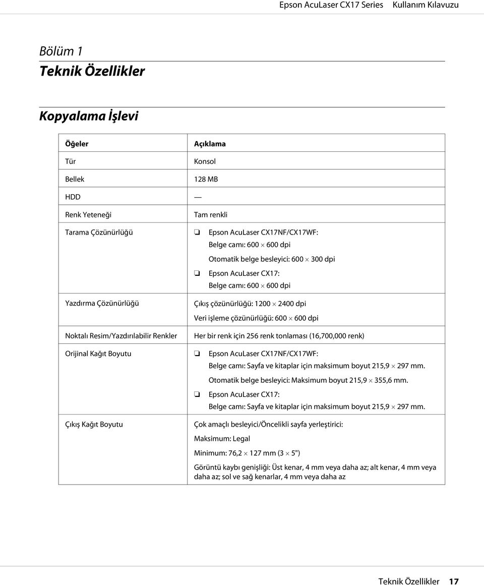 dpi Her bir renk için 256 renk tonlaması (16,700,000 renk) Orijinal Kağıt Boyutu Epson AcuLaser CX17NF/CX17WF: Belge camı: Sayfa ve kitaplar için maksimum boyut 215,9 297 mm.