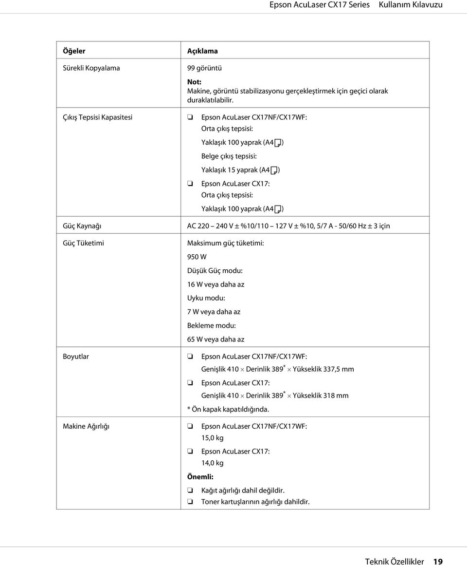 100 yaprak (A4 ) Güç Kaynağı Güç Tüketimi AC 220 240 V ± %10/110 127 V ± %10, 5/7 A - 50/60 Hz ± 3 için Maksimum güç tüketimi: 950 W Düşük Güç modu: 16 W veya daha az Uyku modu: 7 W veya daha az