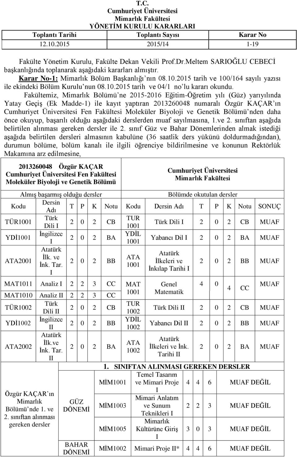 Fakültemiz, Bölümü ne 2015-2016 Eğitim-Öğretim yılı (Güz) yarıyılında Yatay Geçiş (Ek Madde-1) ile kayıt yaptıran 2013260048 numaralı Özgür KAÇAR ın Fen Fakültesi Moleküler Biyoloji ve Genetik Bölümü