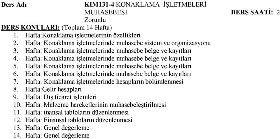 Hafta: Konaklama işletmelerinde muhasebe belge ve kayıtları 6. Hafta. Konaklama işletmelerinde muhasebe belge ve kayıtları 7.