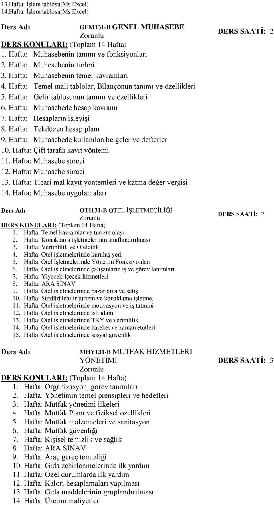 Hafta: Tekdüzen hesap planı 9. Hafta: Muhasebede kullanılan belgeler ve defterler 10. Hafta: Çift taraflı kayıt yöntemi 11. Hafta: Muhasebe süreci 1.