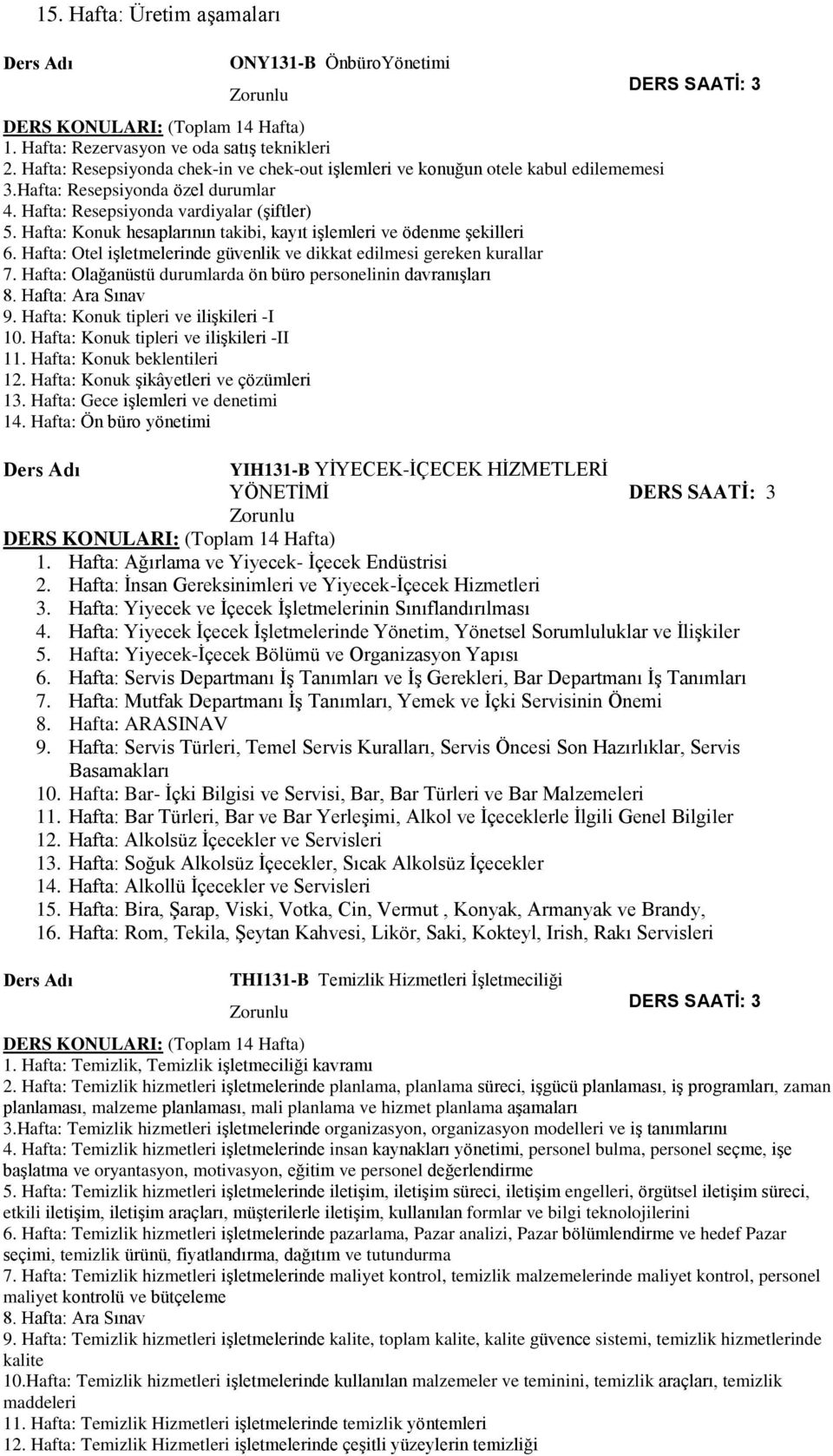 Hafta: Otel işletmelerinde güvenlik ve dikkat edilmesi gereken kurallar 7. Hafta: Olağanüstü durumlarda ön büro personelinin davranışları 9. Hafta: Konuk tipleri ve ilişkileri -I 10.