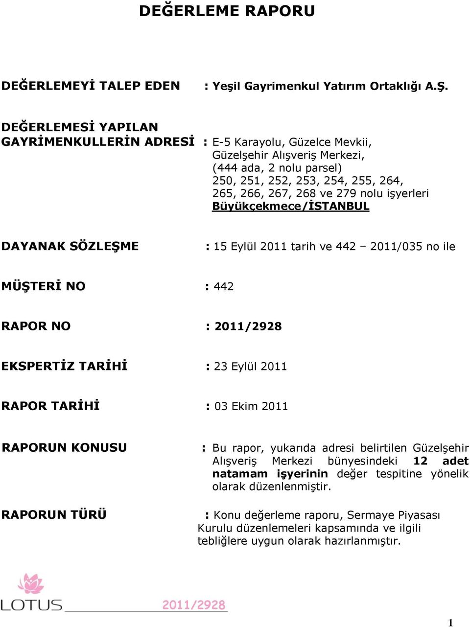 nolu işyerleri Büyükçekmece/ĠSTANBUL DAYANAK SÖZLEġME : 15 Eylül 2011 tarih ve 442 2011/035 no ile MÜġTERĠ NO : 442 RAPOR NO : EKSPERTĠZ TARĠHĠ : 23 Eylül 2011 RAPOR TARĠHĠ : 03 Ekim 2011