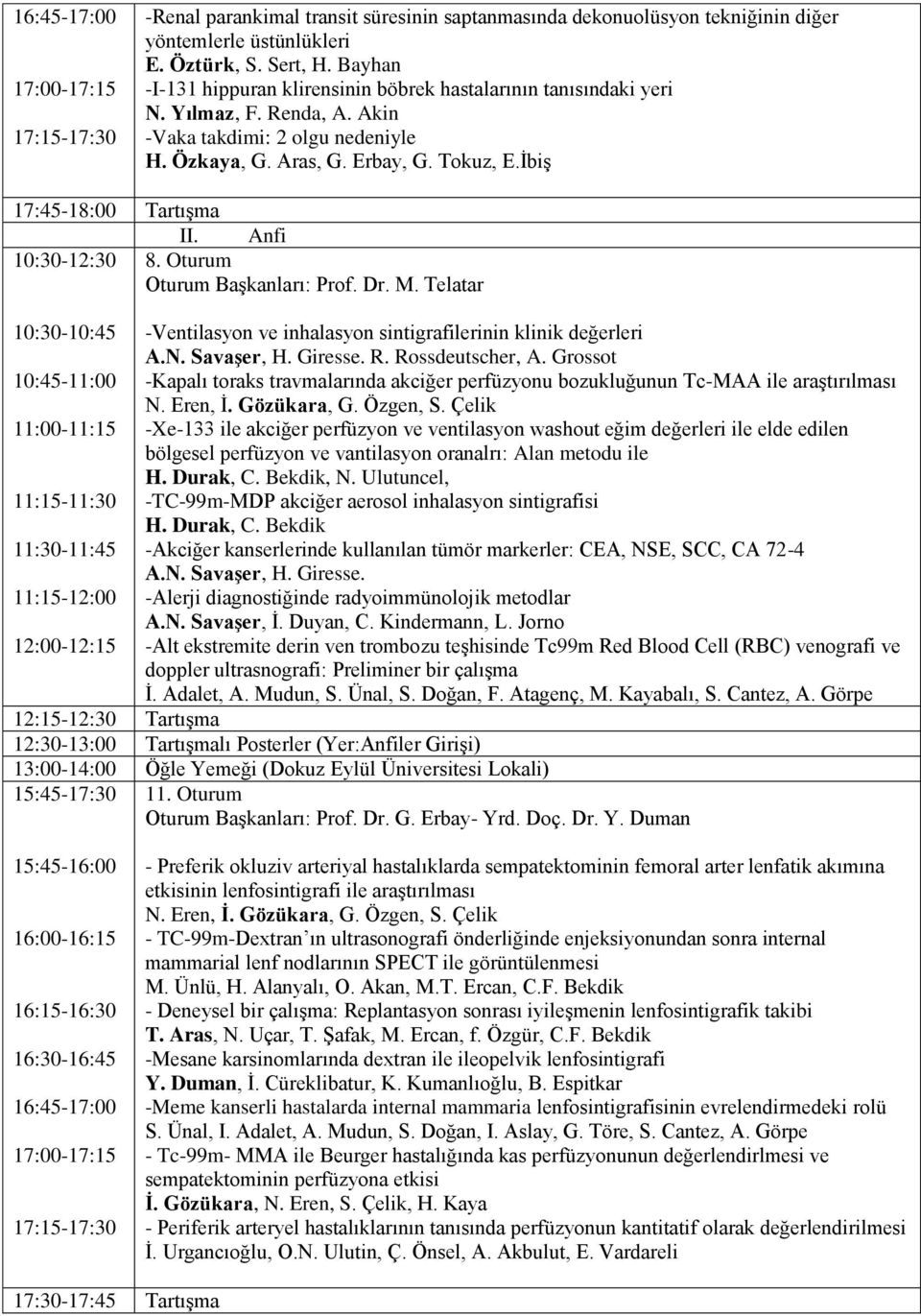 İbiş 17:45-18:00 Tartışma II. Anfi 10:30-12:30 8. Oturum Prof. Dr. M. Telatar 10:30-10:45 -Ventilasyon ve inhalasyon sintigrafilerinin klinik değerleri A.N. Savaşer, H. Giresse. R. Rossdeutscher, A.