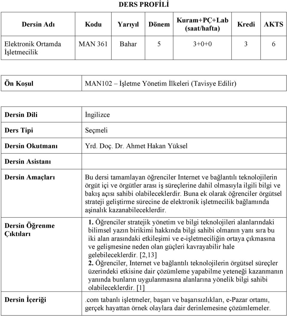 Ahmet Hakan Yüksel Dersin Asistanı Dersin Amaçları Dersin Öğrenme Çıktıları Dersin İçeriği Bu dersi tamamlayan öğrenciler Internet ve bağlantılı teknolojilerin örgüt içi ve örgütler arası iş