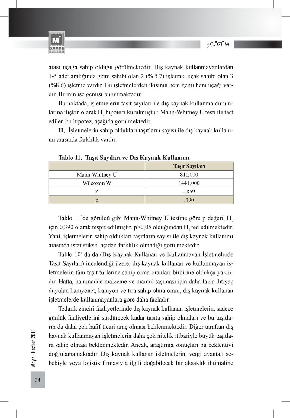 Bu noktada, işletmelerin taşıt sayıları ile dış kaynak kullanma durumlarına ilişkin olarak H 7 hipotezi kurulmuştur. Mann-Whitney U testi ile test edilen bu hipotez, aşağıda görülmektedir.