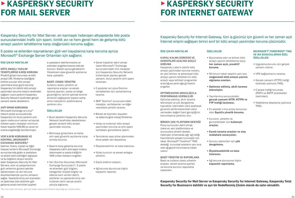 E-posta ve eklerden kaynaklanan gizli veri kayıplarına karşı koruma ayrıca Microsoft Exchange Server Ortamları için sağlanır.