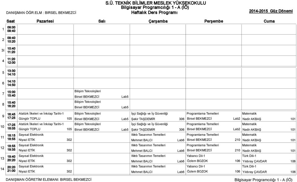 İnkılap Tarihi- Bilişim Teknolojileri İşçi Sağlığı ve İş Güvenliği Programlama Temelleri Matematik Güngör TOPLU 0 Birsel BEKMEZCİ Lab Şakir TAŞDEMİR 30 Birsel BEKMEZCİ Lab Nadir AKBAŞ 0 Atatürk