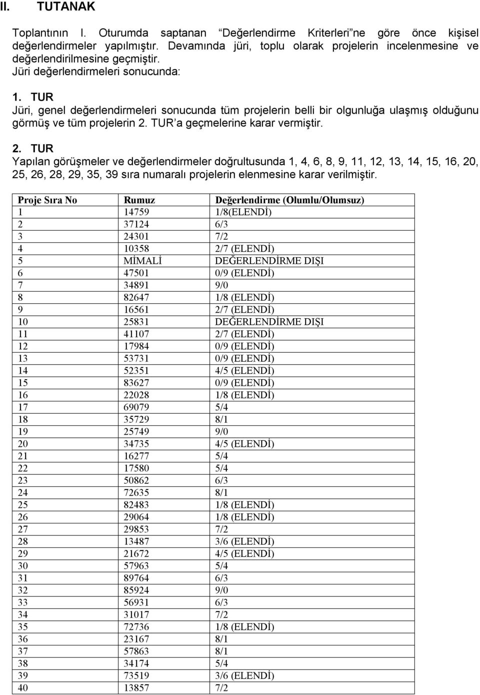 TUR Jüri, genel değerlendirmeleri sonucunda tüm projelerin belli bir olgunluğa ulaşmış olduğunu görmüş ve tüm projelerin 2.