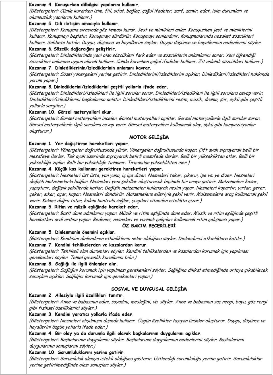 Konuşmayı sürdürür. Konuşmayı sonlandırır. Konuşmalarında nezaket sözcükleri kullanır. Sohbete katılır. Duygu, düşünce ve hayallerini söyler. Duygu düşünce ve hayallerinin nedenlerini söyler.