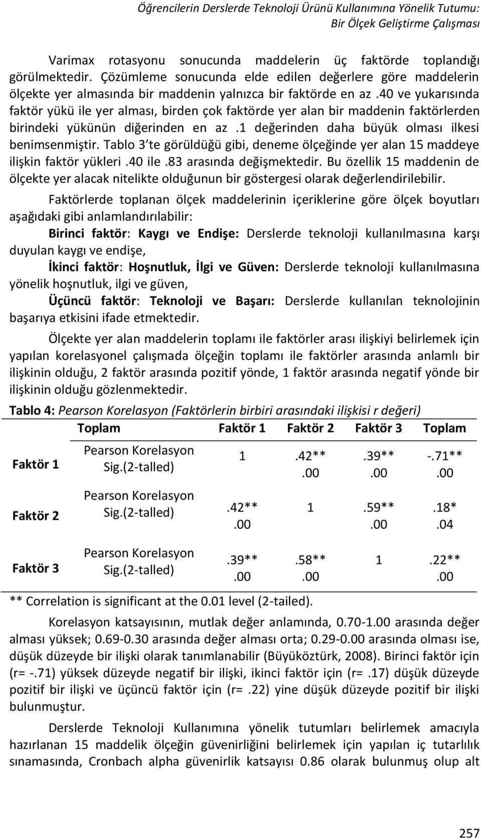 40 ve yukarısında faktör yükü ile yer alması, birden çok faktörde yer alan bir maddenin faktörlerden birindeki yükünün diğerinden en az.1 değerinden daha büyük olması ilkesi benimsenmiştir.