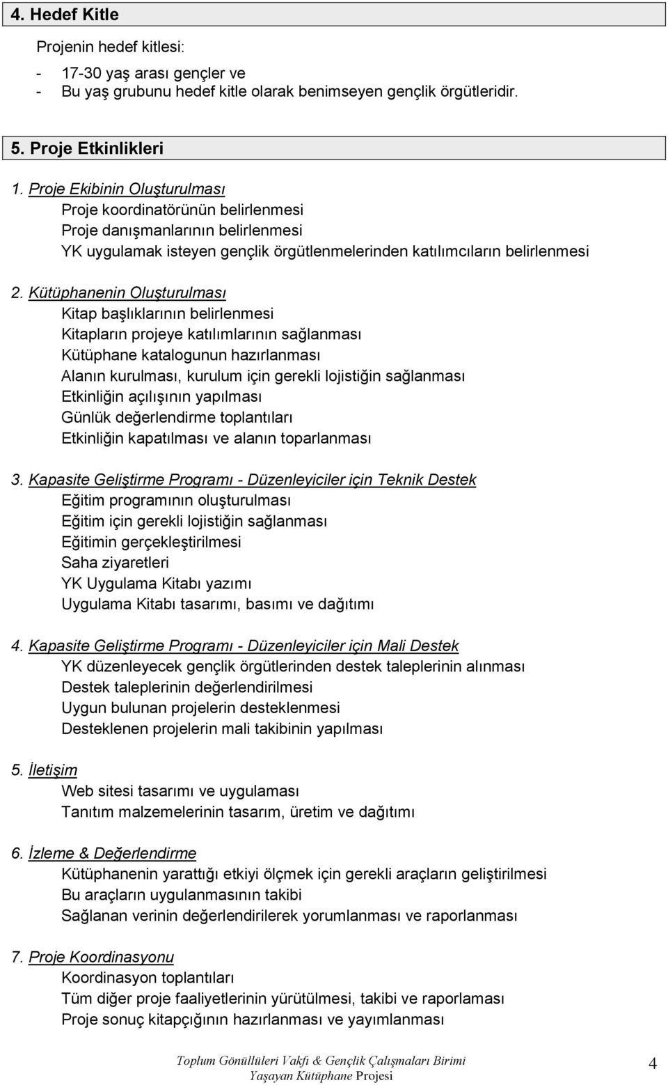 Kütüphanenin Oluşturulması Kitap başlıklarının belirlenmesi Kitapların projeye katılımlarının sağlanması Kütüphane katalogunun hazırlanması Alanın kurulması, kurulum için gerekli lojistiğin