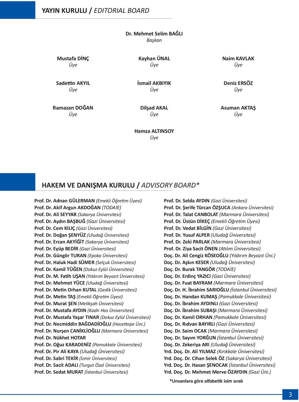 HAKEM VE DANIŞMA KURULU / ADVISORY BOARD* Prof. Dr. Adnan GÜLERMAN (Emekli Öğretim Üyesi) Prof. Dr. Akif Argun AKDOĞAN (TODAİE) Prof. Dr. Ali SEYYAR (Sakarya Üniversitesi) Prof. Dr. Aydın BAŞBUĞ (Gazi Üniversitesi) Prof.