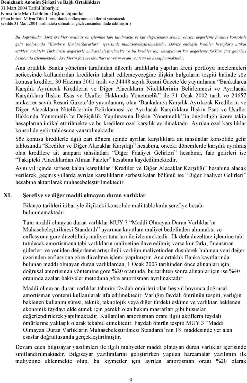 Dövize endeksli krediler hesaplara intikal ettikleri tarihteki Türk lirası değerlerle muhasebeleştirilmekte ve bu krediler için hesaplanan kur değerleme farkları faiz gelirleri hesabında