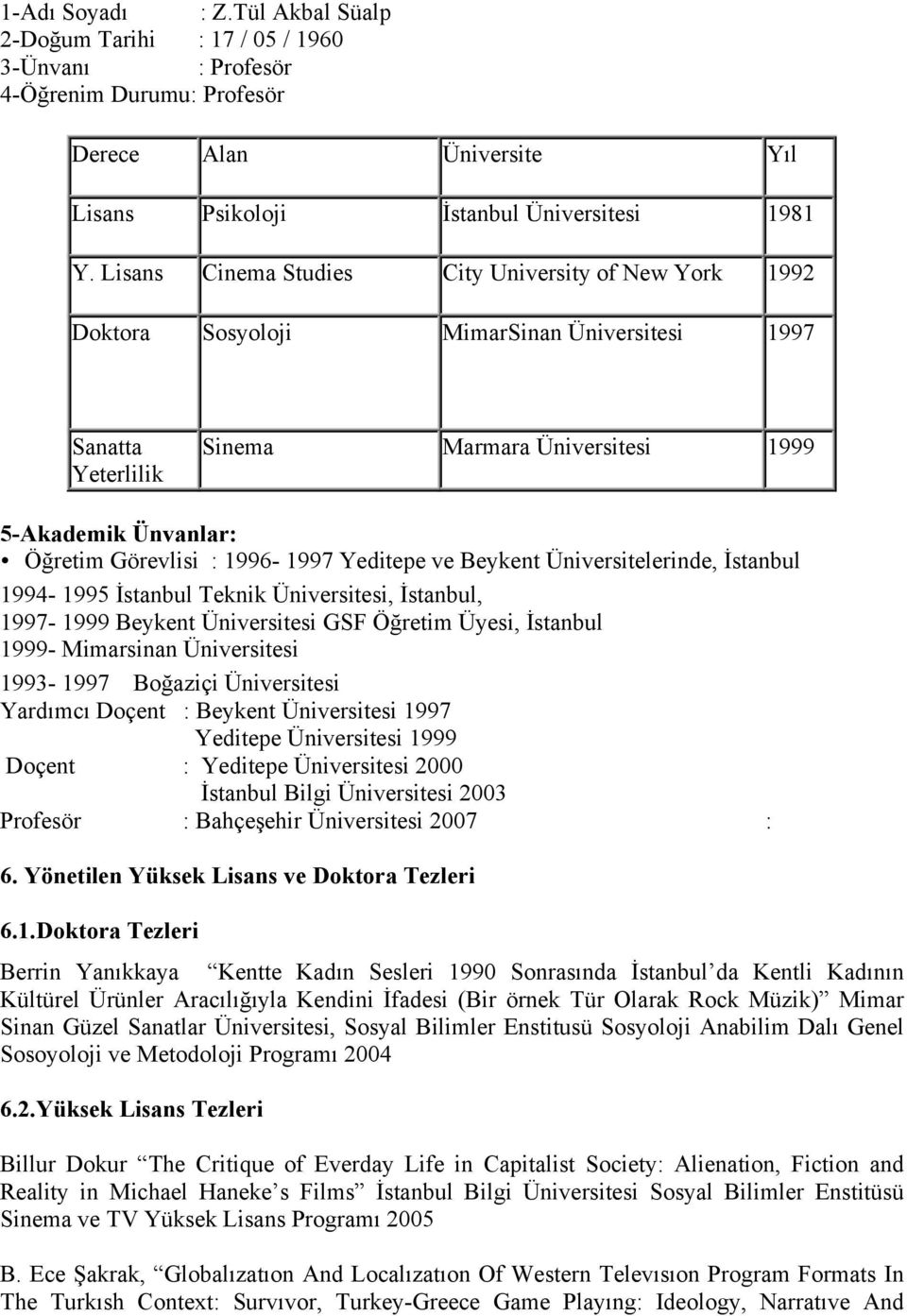 1996-1997 Yeditepe ve Beykent Üniversitelerinde, İstanbul 1994-1995 İstanbul Teknik Üniversitesi, İstanbul, 1997-1999 Beykent Üniversitesi GSF Öğretim Üyesi, İstanbul 1999- Mimarsinan Üniversitesi