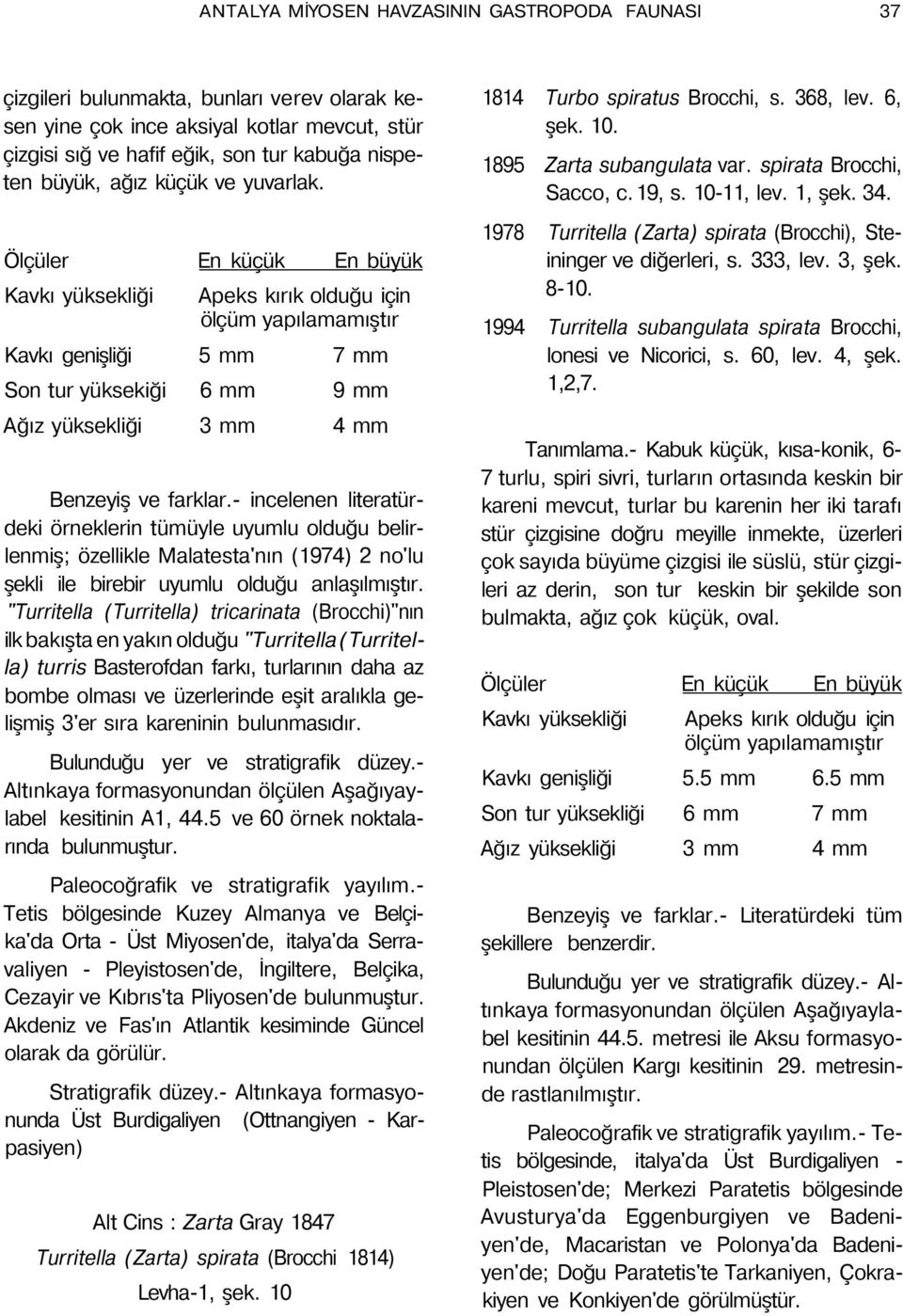 - incelenen literatürdeki örneklerin tümüyle uyumlu olduğu belirlenmiş; özellikle Malatesta'nın (1974) 2 no'lu şekli ile birebir uyumlu olduğu anlaşılmıştır.