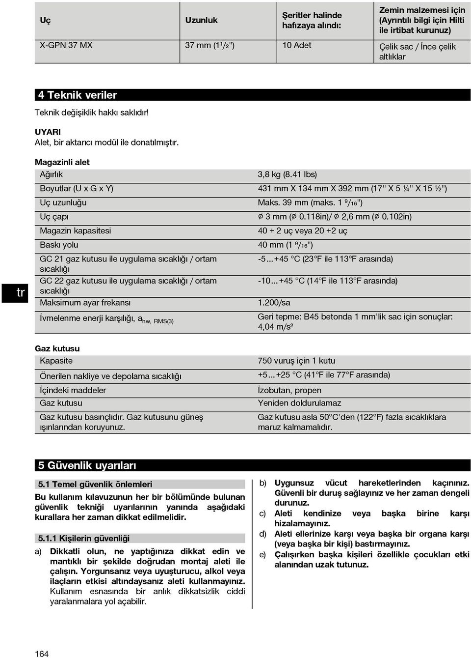 Magazinli alet Ağırlık Boyutlar (U x G x Y) Uç uzunluğu Uç çapı Magazinkapasitesi Baskı yolu GC gaz kutusu ile uygulama sıcaklığı / ortam sıcaklığı GC gaz kutusu ile uygulama sıcaklığı / ortam