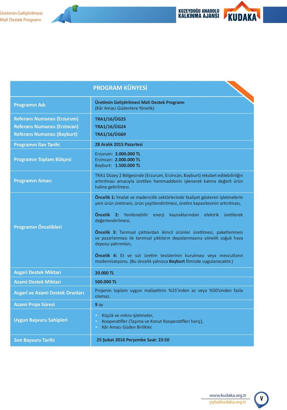 000 TL TRA1 Düzey 2 Bölgesinde (Erzurum, Erzincan, Bayburt) rekabet edilebilirliğin artırılması amacıyla üretilen hammaddenin işlenerek katma değerli ürün haline getirilmesi.