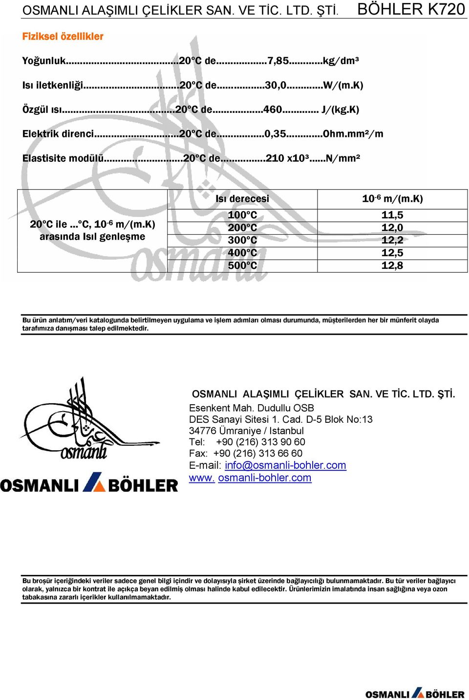 k) 100ºC 11,5 200ºC 12,0 300ºC 12,2 400ºC 12,5 500ºC 12,8 Bu ürün anlatım/veri katalogunda belirtilmeyen uygulama ve işlem adımları olması durumunda, müşterilerden her bir münferit olayda tarafımıza