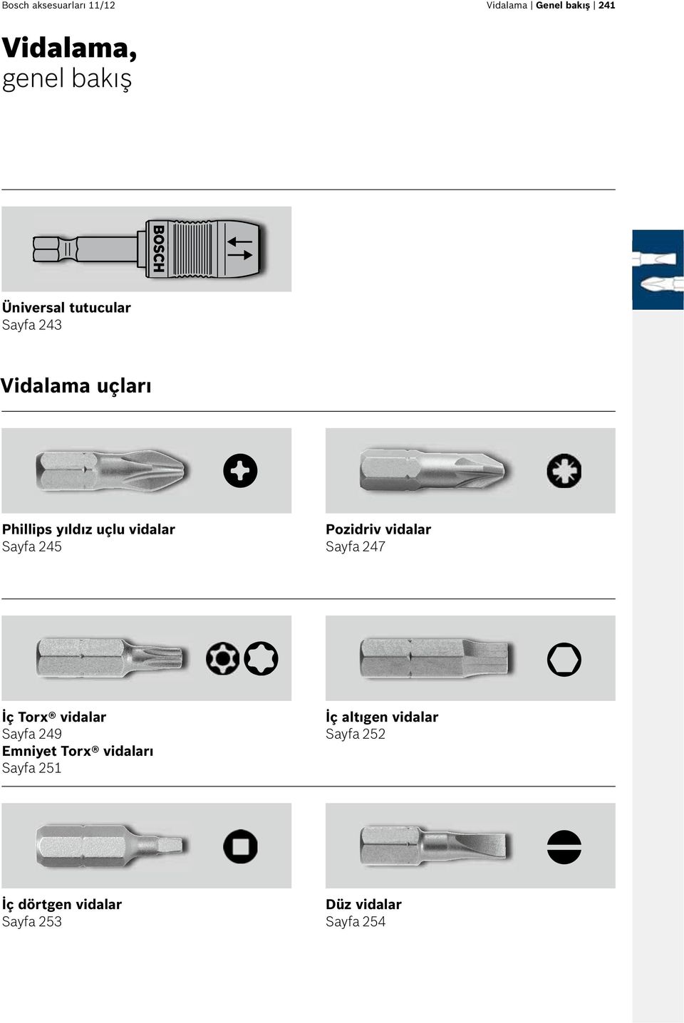 245 Pozidriv vidalar Sayfa 247 İç Torx vidalar Sayfa 249 Emniyet Torx vidaları