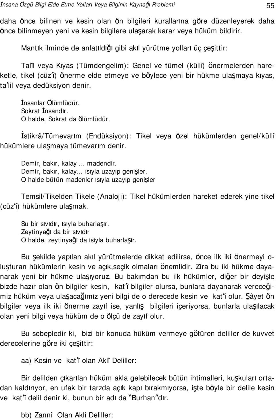 Mantık ilminde de anlatıldığı gibi akıl yürütme yolları üç çeşittir: Talîl veya Kıyas (Tümdengelim): Genel ve tümel (küllî) önermelerden hareketle, tikel (cüz î) önerme elde etmeye ve böylece yeni