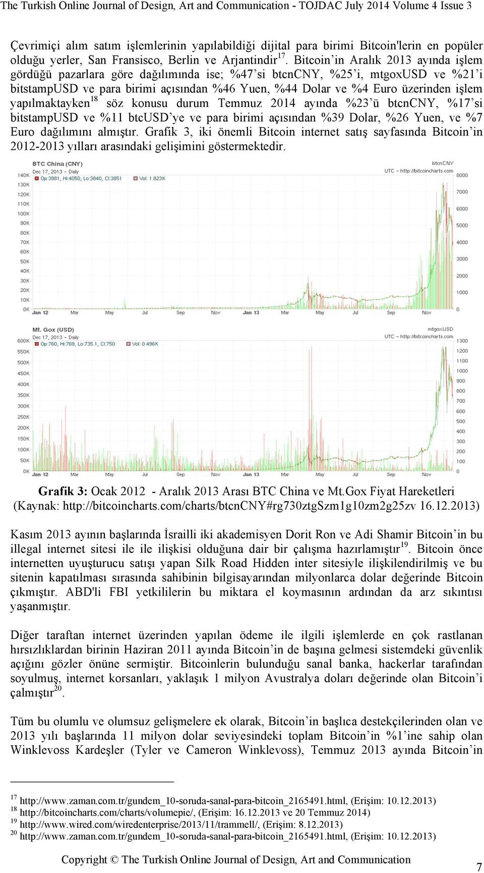 işlem yapılmaktayken 18 söz konusu durum Temmuz 2014 ayında %23 ü btcncny, %17 si bitstampusd ve %11 btcusd ye ve para birimi açısından %39 Dolar, %26 Yuen, ve %7 Euro dağılımını almıştır.