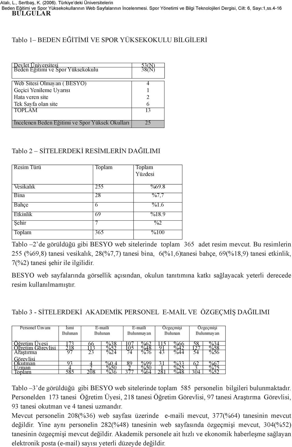 8 Bina 28 %7,7 Bahçe 6 %1.6 Etkinlik 69 %18.9 Şehir 7 %2 Toplam 365 %100 Tablo 2 de görüldüğü gibi BESYO web sitelerinde toplam 365 adet resim mevcut.