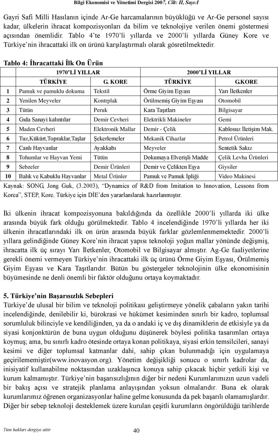 Tablo 4: Ġhracattaki Ġlk On Ürün 1970 LĠ YILLAR 2000 LĠ YILLAR TÜRKĠYE G. KORE TÜRKĠYE G.