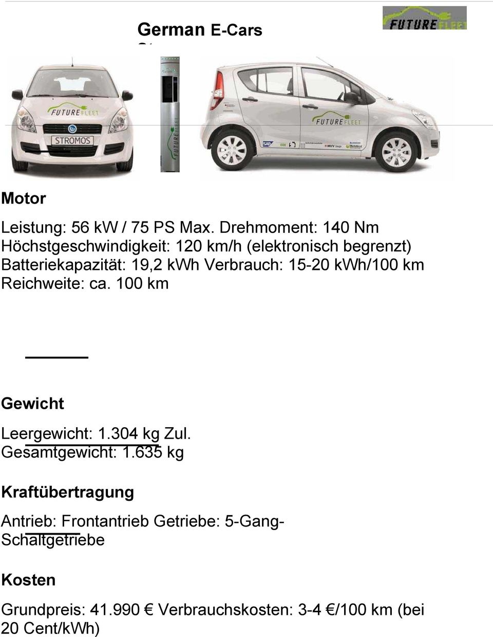 Verbrauch: 15-20 kwh/100 km Reichweite: ca. 100 km Gewicht Leergewicht: 1.304 kg Zul. Gesamtgewicht: 1.