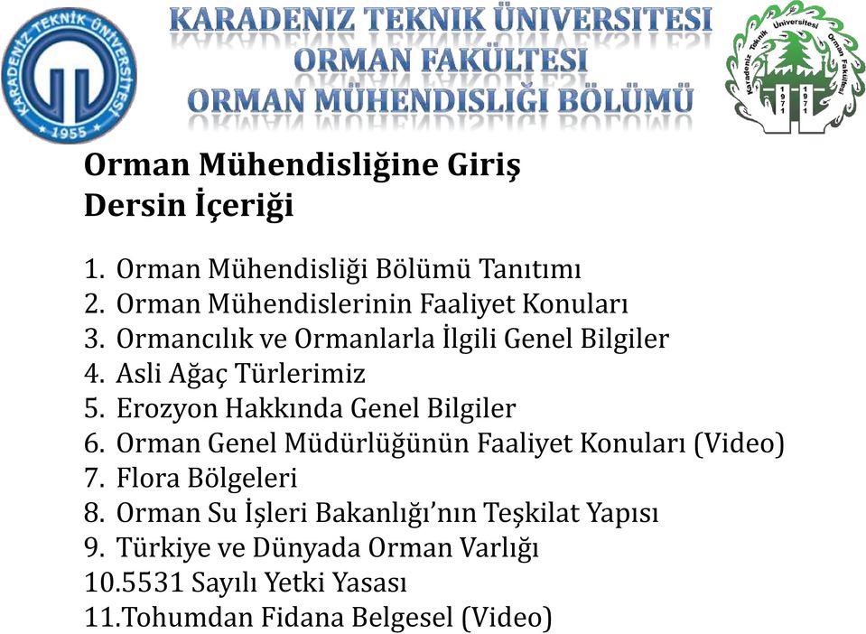 Asli Ağaç Türlerimiz 5. Erozyon Hakkında Genel Bilgiler 6. Orman Genel Müdürlüğünün Faaliyet Konuları (Video) 7.