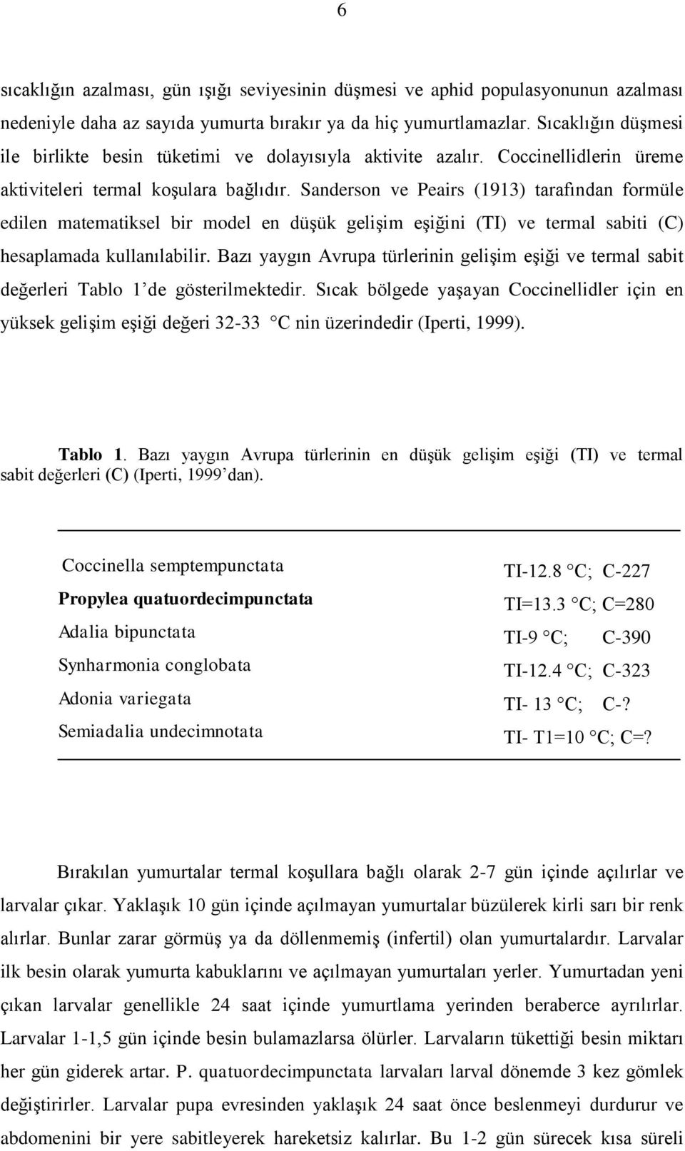 Sanderson ve Peairs (1913) tarafından formüle edilen matematiksel bir model en düşük gelişim eşiğini (TI) ve termal sabiti (C) hesaplamada kullanılabilir.