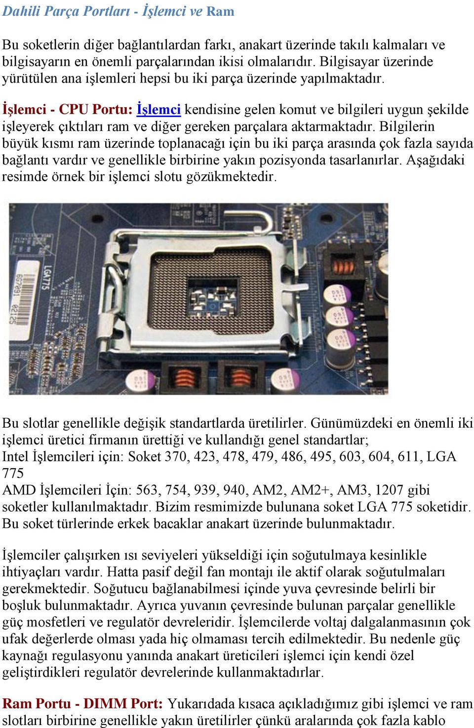 İşlemci - CPU Portu: İşlemci kendisine gelen komut ve bilgileri uygun şekilde işleyerek çıktıları ram ve diğer gereken parçalara aktarmaktadır.