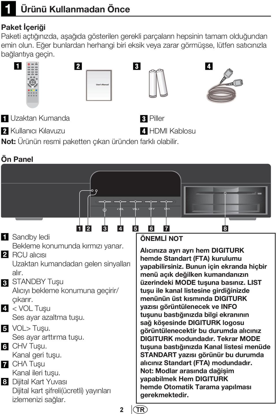 Uzaktan Kumanda Piller Kullan c K lavuzu HDMI Kablosu Not: Ürünün resmi paketten ç kan üründen farkl olabilir. Ön Panel Sandby ledi Bekleme konumunda kırmızı yanar.