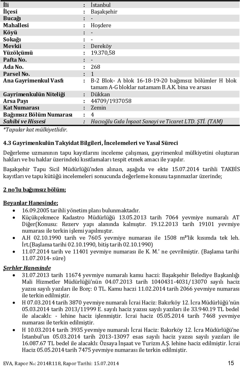 bina ve arsası Gayrimenkulün Niteliği : Dükkan Arsa Payı : 44709/1937058 Kat Numarası : Zemin Bağımsız Bölüm Numarası : 4 Sahibi ve Hissesi : Hacıoğlu Gıda İnşaat Sanayi ve Ticaret LTD. ŞTİ.