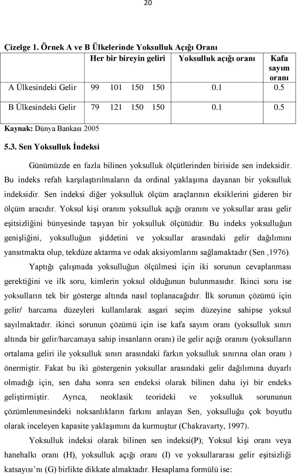 Bu indeks refah karşılaştırılmaların da ordinal yaklaşıma dayanan bir yoksulluk indeksidir. Sen indeksi diğer yoksulluk ölçüm araçlarının eksiklerini gideren bir ölçüm aracıdır.