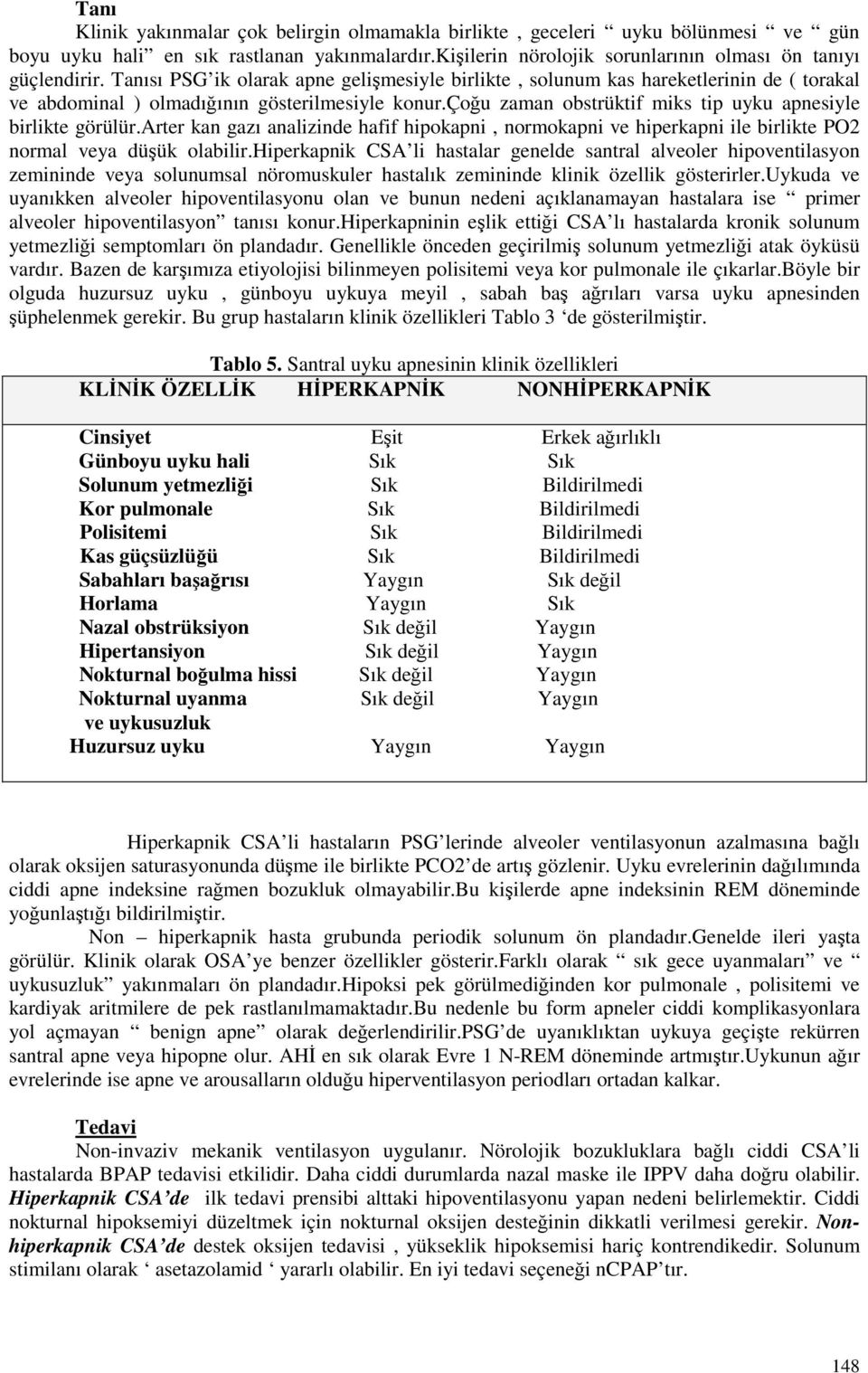 çoğu zaman obstrüktif miks tip uyku apnesiyle birlikte görülür.arter kan gazı analizinde hafif hipokapni, normokapni ve hiperkapni ile birlikte PO2 normal veya düşük olabilir.